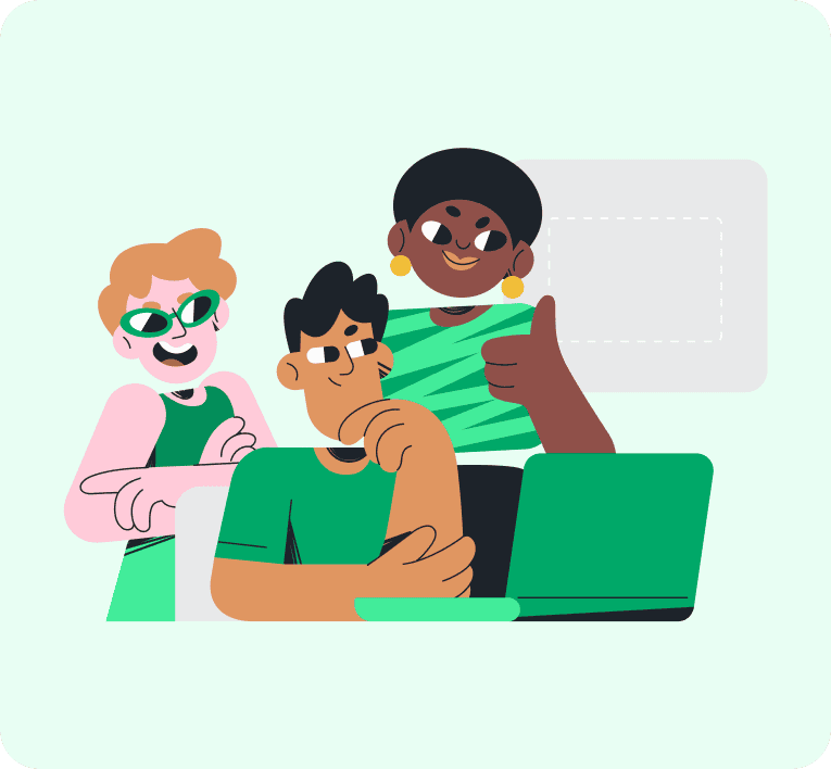 Três pessoas sorrindo reunidas em frente a um notebook, com expressão de colaboração e positividade. Uma delas faz sinal de positivo com o polegar.