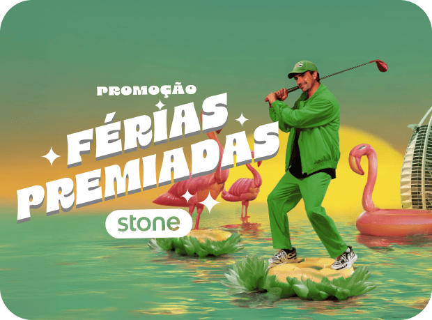 Homem com taco de golfe em cenário tropical da promoção Férias Premiadas Stone.