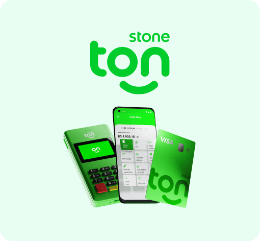 Logo do Ton acima de uma maquininha, um cartão e um celular exibindo saldo em conta no aplicativo do Ton.