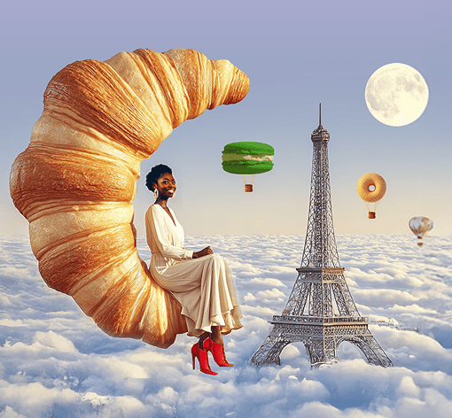 Mulher sentada em um croissant gigante flutuando sobre nuvens ao lado da Torre Eiffel, com balões em forma de doces como macaron e rosquinha, sob um céu azul com lua cheia.