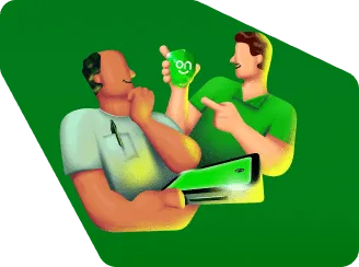 Ilustração de dois homens, um mais idoso e um mais novo. O homem mais novo segurando um escudo com o logotipo do Ton e o homem mais velho segurando um celular com o aplicativo do Ton.