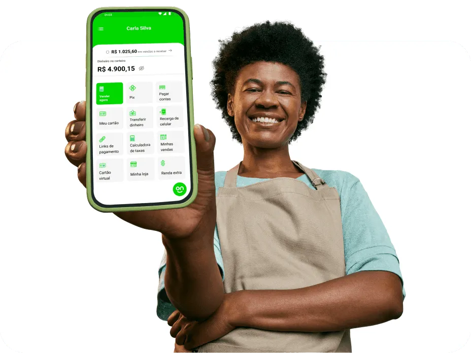 Em um fundo verde Empreendedora sorrindo, com um braço cruzado e o outro segurando o seu celular na sua frente com o aplicativo do Ton aberto na página inicial. E no celular constam os serviços do Ton e o saldo de sua conta.