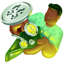 Ilustração de um cliente ton abrindo sua carteira numa perspectiva de baixo pra cima, com moedas saindo de sua carteira.