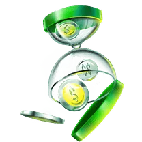  Ilustração de uma ampulheta transparente com detalhes verdes, que se abre pro baixo da onde saem moedas que estão por dentro de toda ampulheta.