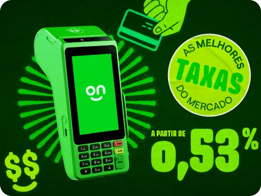Imagem a Maquininha do Ton com ilustrações de uma mão segurando cartão de crédito e um emoji de rosto sorrindo com dinheiro com o selo “as melhores taxas do mercado”