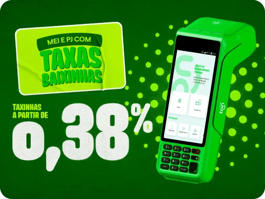 Imagem a Maquininha do Ton com ilustrações de fundo verde com o selo “MEI e PJ com taxas baixinhas”