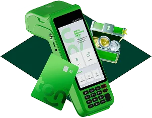 Montagem com os principais produtos do Ton: maquininha de cartão, baú do Ton e cartão de crédito sobre um losango verde que se inspira na bandeira do Brasil.
