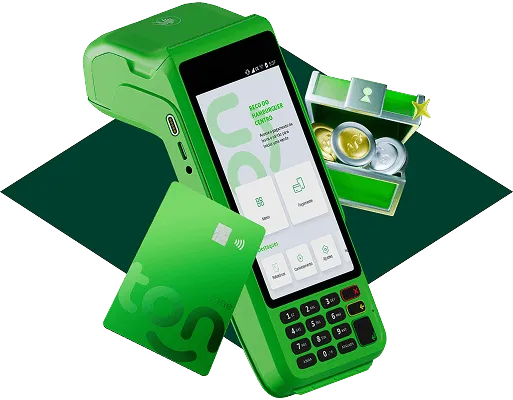 Montagem com os principais produtos do Ton: maquininha de cartão, baú do Ton e cartão de crédito sobre um losango verde que se inspira na bandeira do Brasil.