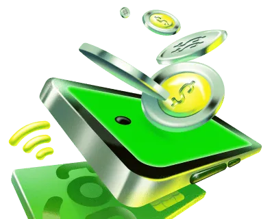 Smartphone verde com tecnologia NFC fazendo pagamento por aproximação, com moedas douradas flutuando ao redor representando transação digital