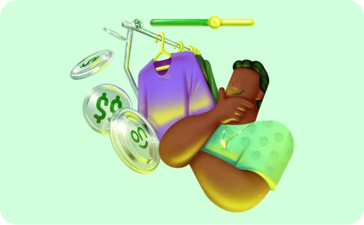 Ilustração de um cliente Ton, com a mão no queixo dando sinal de feliz. A sua frente vemos moedas e em uma delas temos o logo da marca Ton.