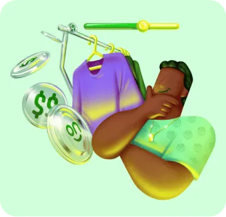 Ilustração de um cliente Ton, com a mão no queixo dando sinal de feliz. A sua frente vemos moedas e em uma delas temos o logo da marca Ton.