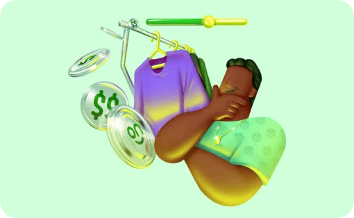 Ilustração de um cliente Ton, com a mão no queixo dando sinal de feliz. A sua frente vemos moedas e em uma delas temos o logo da marca Ton.