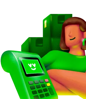 Mulher empreendedora sorridente segurando maquininha de cartão verde, representando vendas e pagamentos digitais