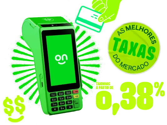 Em um fundo verde uma mulher negra está sorrindo e segurando a máquina de cartão do Ton com uma mão.