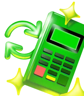 Maquininha de cartão verde da Ton com símbolos de proteção e estrelas ao redor, representando garantia ilimitada para o equipamento