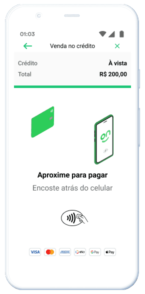 Aplicativo do Ton na tela “venda no crédito” com valor de cobrança de R$200,00. Com mensagem “aproxime para pagar”