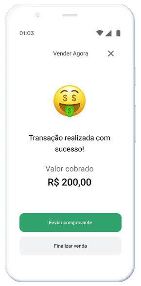 Aplicativo do Ton com emoji sorrindo e mensagem de transação realizada com sucesso no valor cobrado em R$200,00